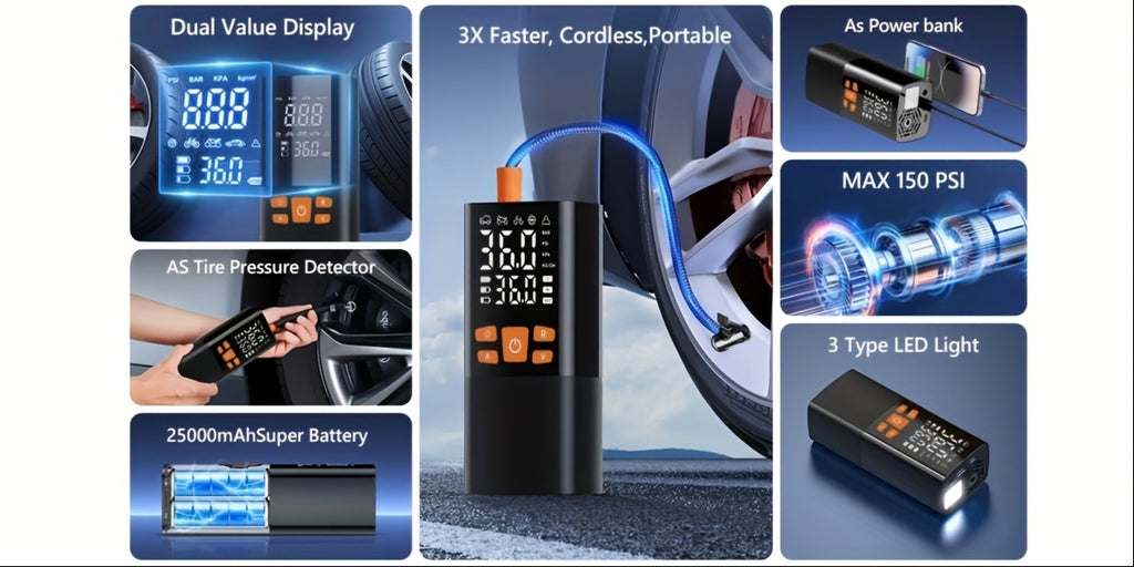 Tire Inflator Portable Air Compressor, 150PSI Air Pump for Car Tires with 25000mAh Battery, One Click Smart Air Pump Tire Inflator for Car, Motorcycle, Bicycle And More with Tire Pressure Gauge