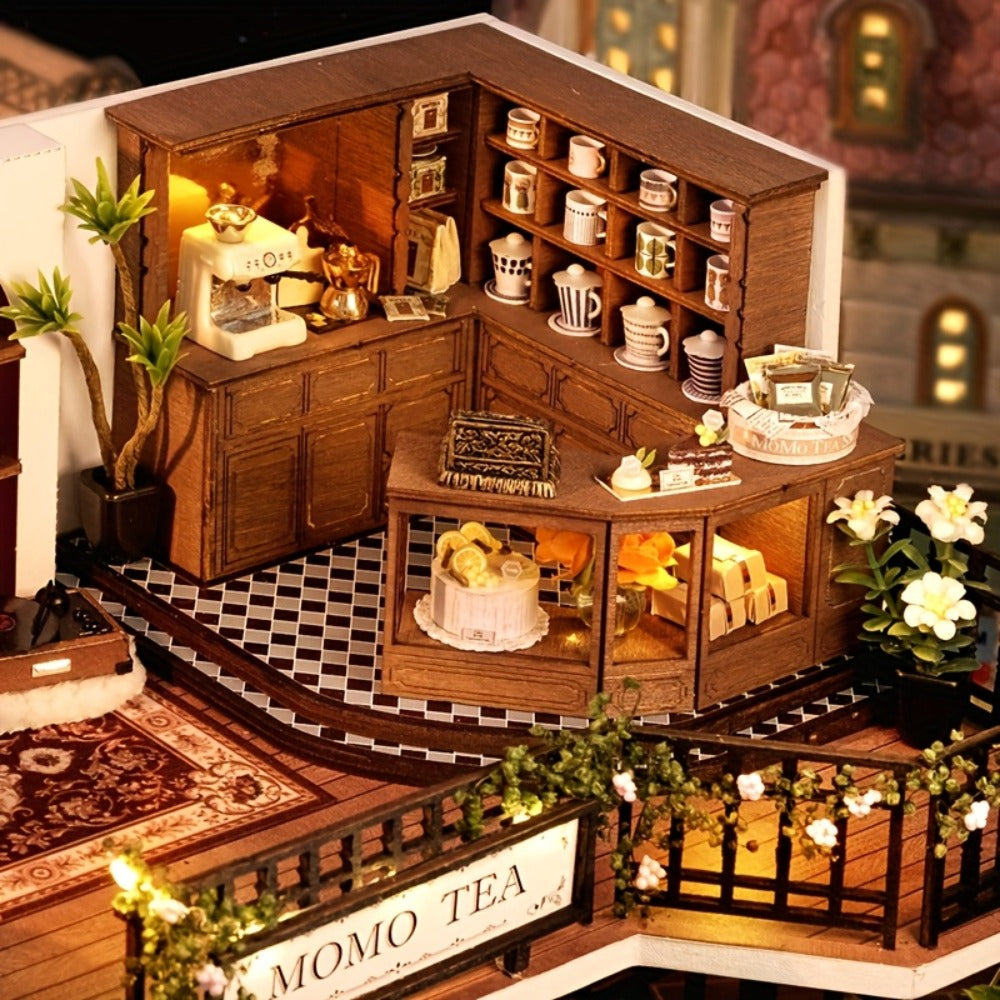 3D Wooden Miniature House Puzzle Model Kit Jungle Momo Tea – Handmade Retro DIY Craft No Glue No Battery Scene Building for Adults Teens Birthday Christmas Valentine Gift for Her