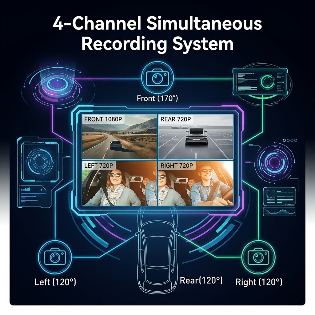 Multi-Angle Dash Cam with Four Lenses (Front, Rear, Left, Right), 1080P HD, Wide-Angle Lens, Night Vision, 24-Hour Parking Mode (Memory Card Not Included)