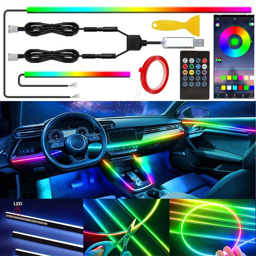 Car Interior LED Strip Lights App Control Dreamcolor Dynamic 114" Fiber Optic Ambient Lighting Kit for Center Console Door Decoration, Music Sync USB Power, 4pcs 6-in-1 10-in-1 Options