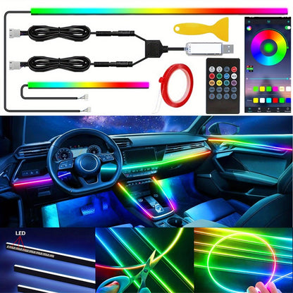 Car Interior LED Strip Lights App Control Dreamcolor Dynamic 114" Fiber Optic Ambient Lighting Kit for Center Console Door Decoration, Music Sync USB Power, 4pcs 6-in-1 10-in-1 Options