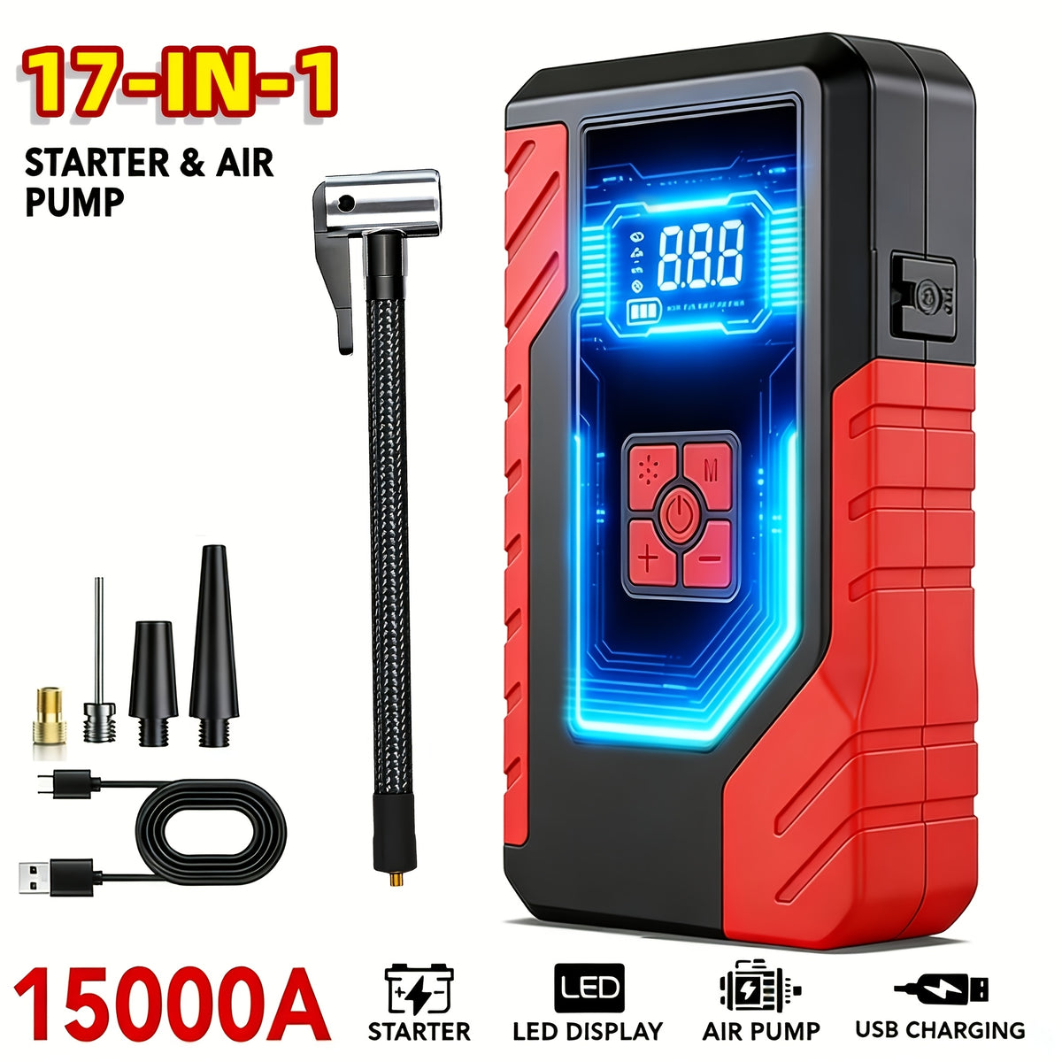 15000A Peak 250PSI, Portable Emergency Starter, Car Charger, USB Type-C, LED Emergency Lighting, 2.11 Gallons Gasoline/1.85 Gallons Diesel Fast Charging - Rechargeable Lithium Polymer Battery. Suitable As A Holiday Gift for Christmas And Halloween.
