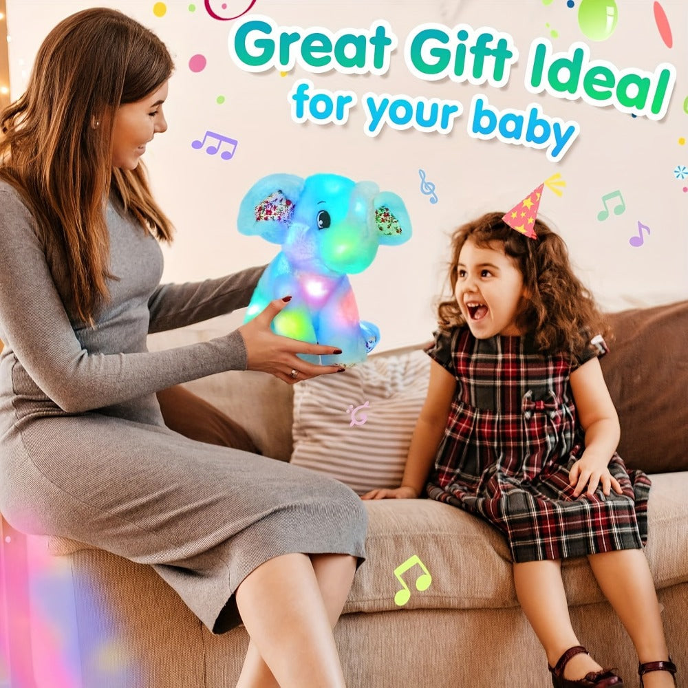 Glowing Elephant Stuffed Animal Plush Toy with LED Lights & Lullabies — Soft Floppy Blue Elephant Nightlight Companion for Babies Toddlers Kids | Birthday Easter Christmas Baby Shower Gift