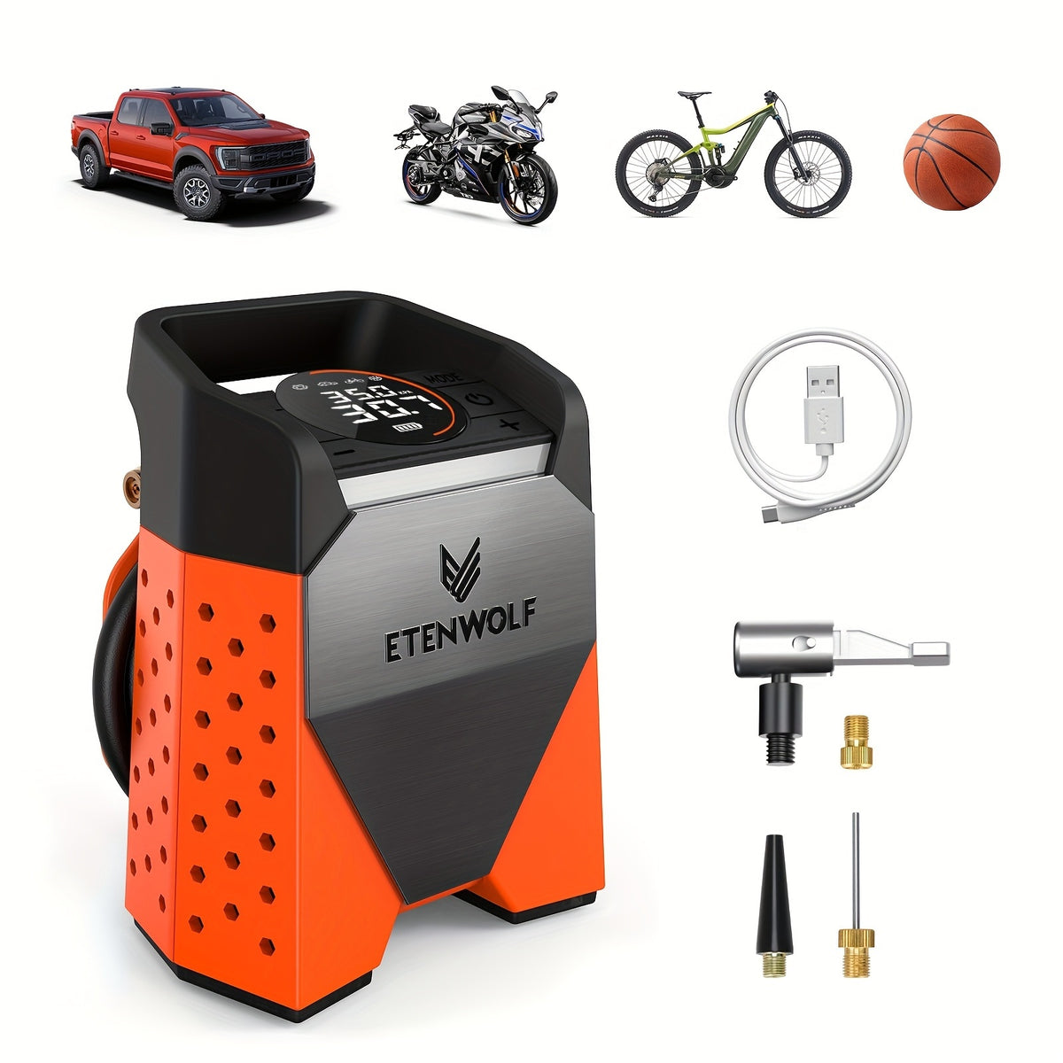 ETENWOLF S3C Ultra-Fast Tire Inflator with 160PSI and 5.81gal/Min Inflation and 7,800mAh Battery for Cars, Motorcycles, Bikes and Balls. Includes Pressure Monitor and Auto-stop Function, LED Lighting, a Variety of Adapted Nozzles and More!