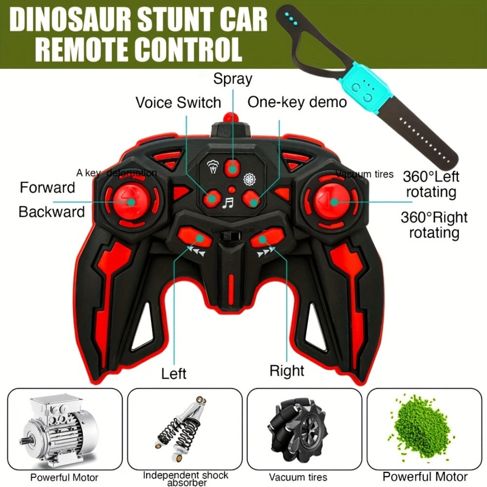 RC Monster Truck Dinosaur 2.4GHz 4WD Off-Road Remote Control Car with LED Lights Music Large Tires All-Terrain Stunt Vehicle Gift for Boys Girls Kids Ages 6+