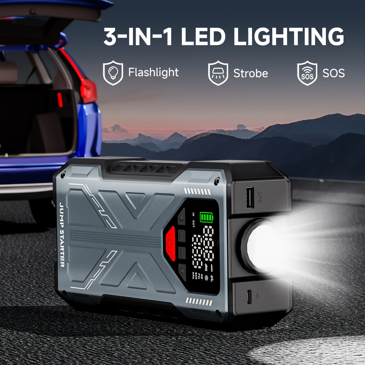 7-in-1 Portable Jump Starter With Air Compressor150PSI Digital Air Compressor, 12V Battery Booster For 2.38gal Gas/1.98gal Diesel Engines, Portable Car Jump Starter With Air Compressor, Fast Charge USB Ports & LED Emergency Light, Christmas Gifts