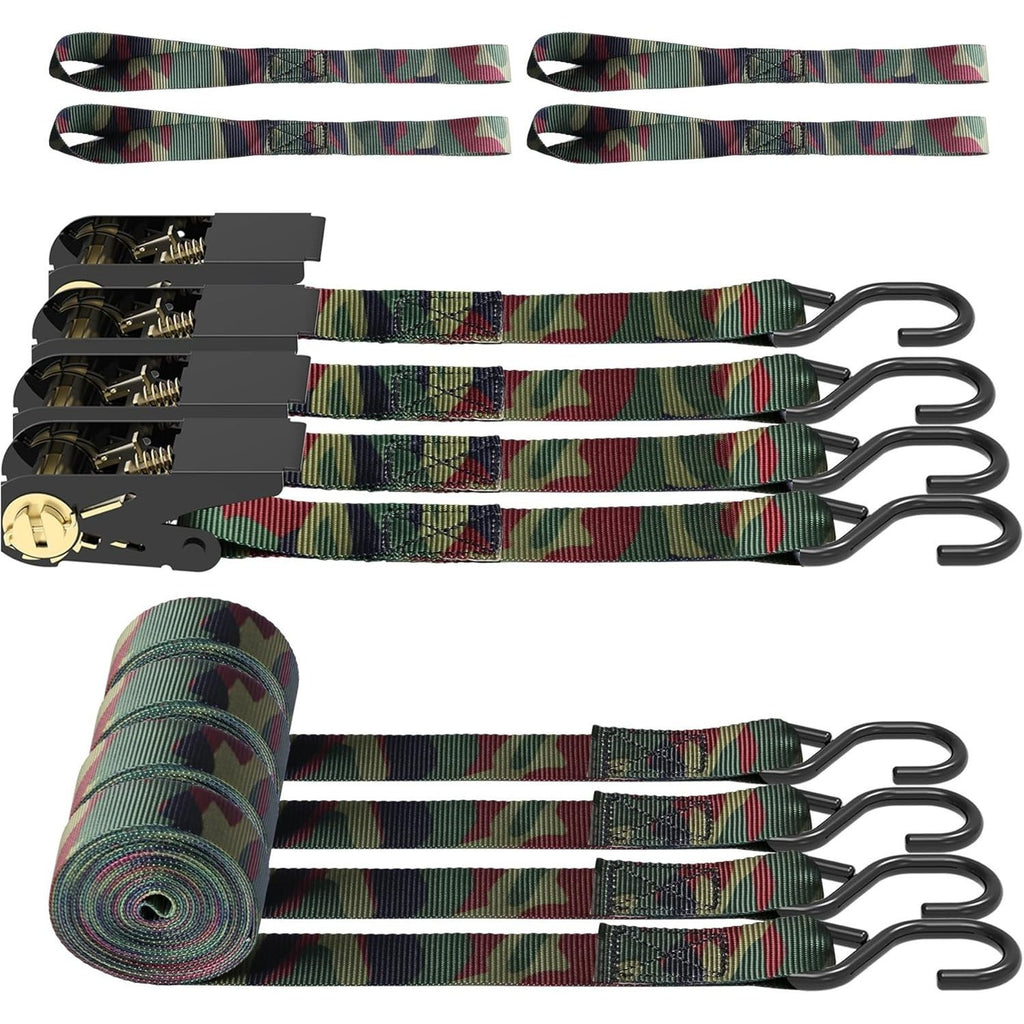 4-Pack Ratchet Tie Down Straps with 4 Soft Loops – 15FT, 1500 lbs Breaking Strength, Heavy Duty for Moving, Motorcycle, Lawn Gear, Multi-Color (Orange, Blue, Camo, Green, Red, Yellow)