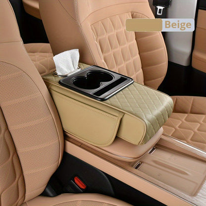 [PU Leather Console Mat] Universal Car Armrest Box Cover, PU Leather Center Console Mat With 2 Side Pockets + 2 Cup Holders, Multi-Functional Storage For Phone/Water Bottle/Cards, Fits Most Car Models, Tissue Box Replacement 3pcs Set-1