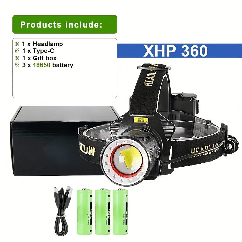 XHP360 Rechargeable Headlamp 3 Modes Sensor 90° Tilt Power Bank Type-C 3x18650 Zoomable Head Torch for Fishing Camping Hiking