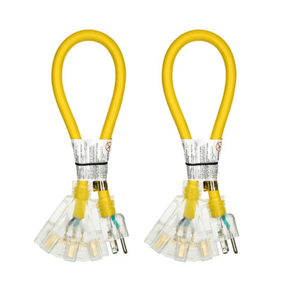 Heavy Duty Extension Cord Splitter Tri-Tap 2-Pack – 15A SJTW Contractor Grade, LED Lighted Plug, 2ft Yellow Jacket for Outdoor & Job Site Use