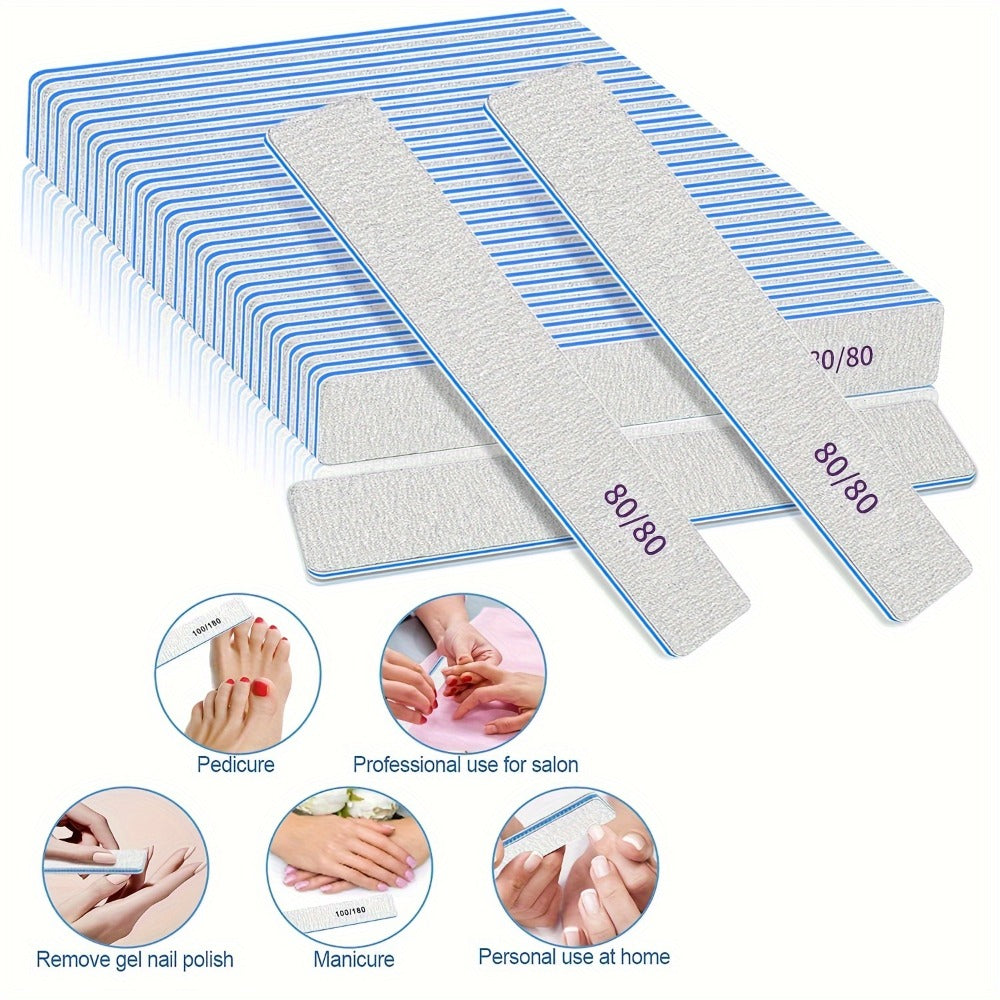 Professional Nail Files 50pcs Bulk Set Double Sided Emery Boards – 80/80, 100/100 & 100/180 Grit Options for Acrylic, Gel & Natural Nails | Washable Reusable Nail Shaping Tools for Home & Salon
