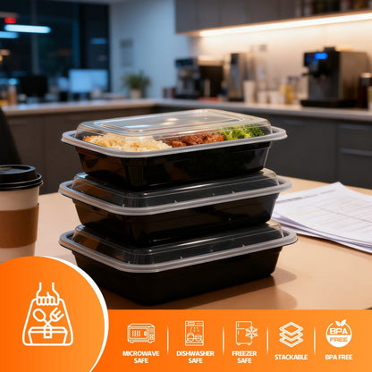 Meal Prep Containers with Lids 50 Pack BPA Free – 32oz & 38oz Stackable Disposable Plastic Food Storage Containers, Microwave Dishwasher Freezer Safe | Restaurant, Catering, Home Kitchen & Lunch Boxes