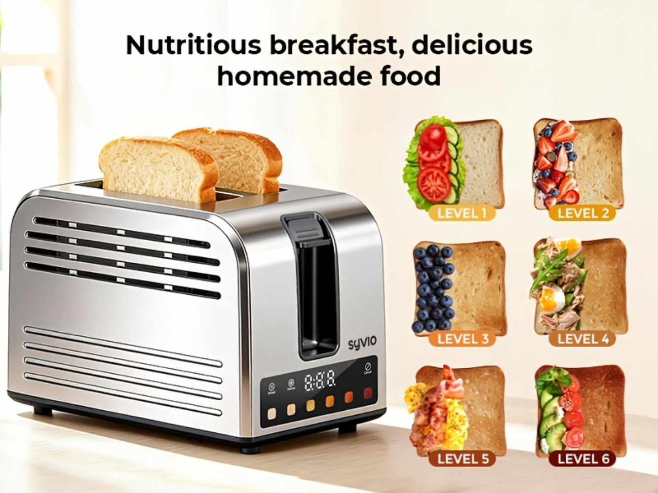 Toaster 2-Slice Stainless Steel Smart Touchscreen – 5 Bread Types, 6 Browning Levels, Wide Slots, Temperature Control, Removable Crumb Tray, Compact Kitchen Toaster