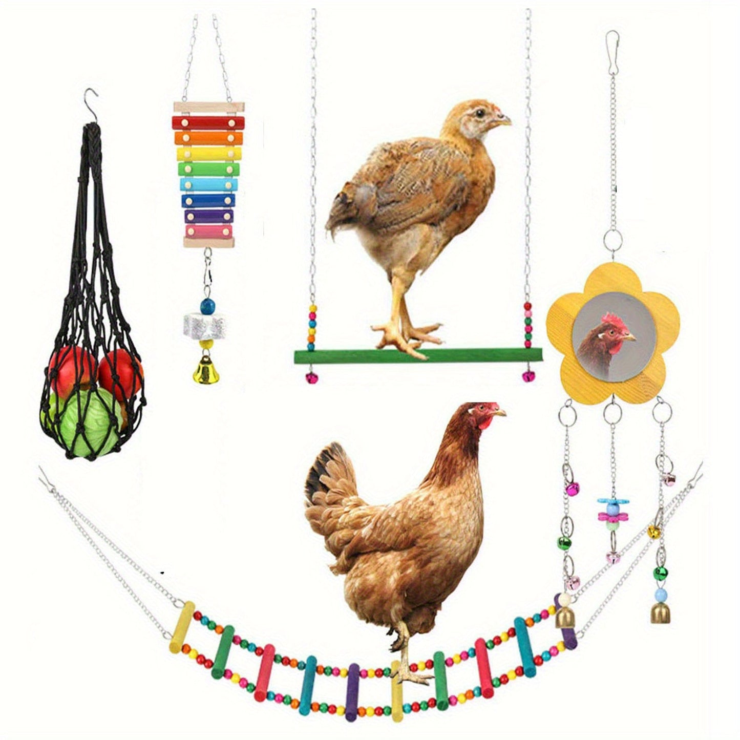 Chicken Coop Toys Set – Xylophone, Swing, Mirror, Step Ladder & Pecking Toys for Hens, Wood & Colorful Bead Enrichment Accessories for Backyard Chickens & Parrots, 5pcs or 9pcs