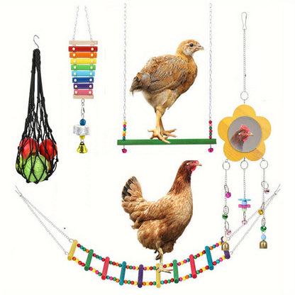 Chicken Coop Toys Set – Xylophone, Swing, Mirror, Step Ladder & Pecking Toys for Hens, Wood & Colorful Bead Enrichment Accessories for Backyard Chickens & Parrots, 5pcs or 9pcs