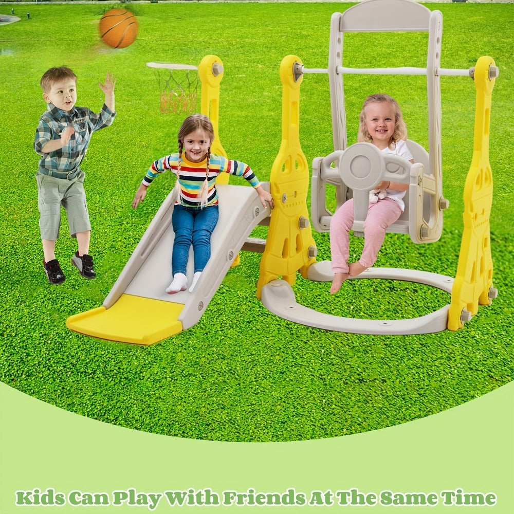 4-in-1 Toddler Slide and Swing Set with Climber Basketball Hoop Outdoor Indoor Backyard Playground Playset for Kids Ages 1-6 Yellow