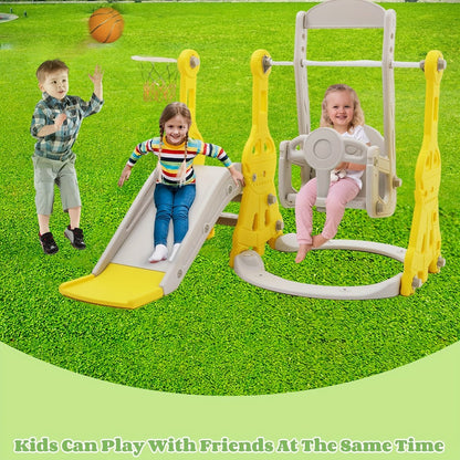 4-in-1 Toddler Slide and Swing Set with Climber Basketball Hoop Outdoor Indoor Backyard Playground Playset for Kids Ages 1-6 Yellow