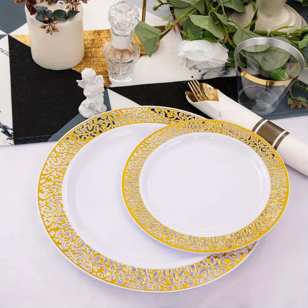 Gold Disposable Dinnerware Set for 50 Guests 350pcs – Includes Dinner Plates, Dessert Plates, 9oz Cups with Gold Rim, Pre-Rolled Napkins & Gold Cutlery | Perfect for Wedding, Party & Holiday Celebration