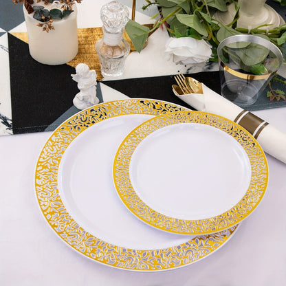 Gold Disposable Dinnerware Set for 50 Guests 350pcs – Includes Dinner Plates, Dessert Plates, 9oz Cups with Gold Rim, Pre-Rolled Napkins & Gold Cutlery | Perfect for Wedding, Party & Holiday Celebration