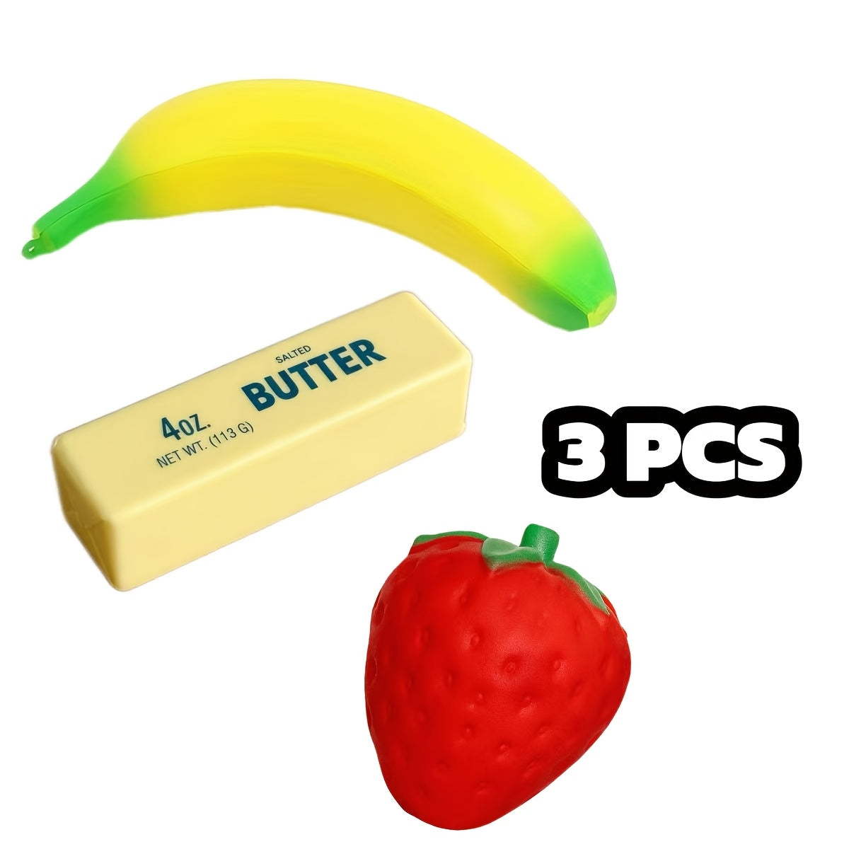 Squishy Food Toy Set 3pcs Slow Rising PU – Pretend Play Simulation Food Butter Banana Strawberry | Sensory Squeeze Stress Relief Toy, Classroom Decoration, Christmas Gift for Kids & Adults