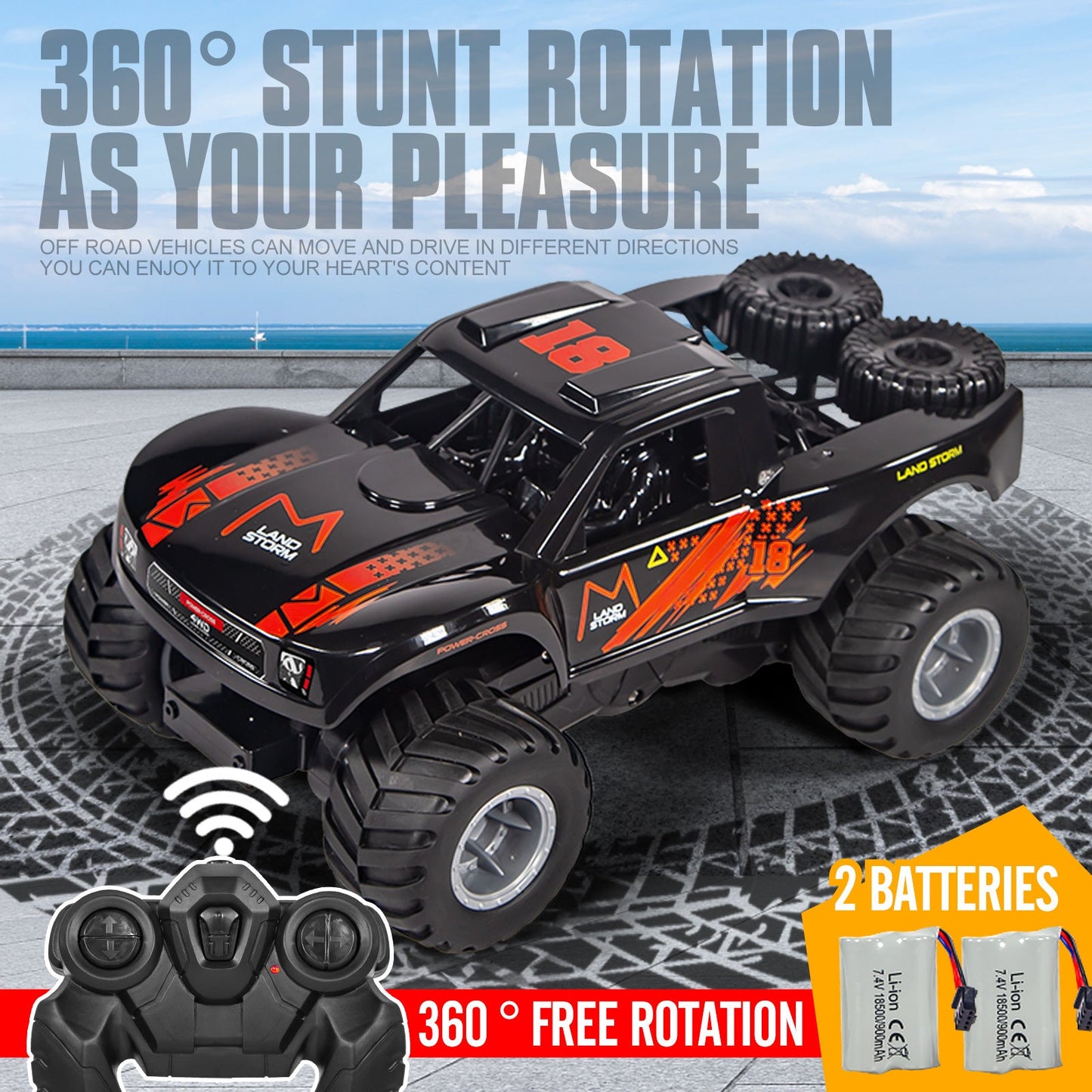 Amphibious RC Car 1:16 Scale 4WD Waterproof Land & Water Remote Control Monster Truck – 2 Rechargeable Batteries, All-Terrain RC Truck for Boys Kids Ages 4+, Birthday Christmas Gift