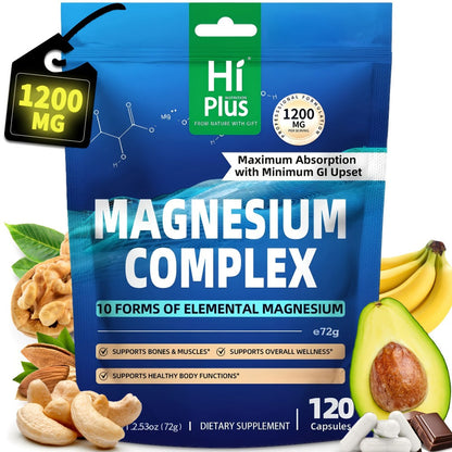 Magnesium Glycinate Complex 1200mg 10-in-1 Full Spectrum Vegan Capsules for Deep Sleep Calm Anxiety Relief Heart Bone & Nerve Health — High Absorption Gentle on Stomach 120 Capsules Women & Men