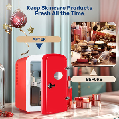 Aesthetic Mini Fridge 4 Liter with Stickers - Portable Cooler and Warmer for 6 Cans, AC/DC Compact Refrigerator for Bedroom, Office, Dorm & Car, Cute Mini Fridge Gift for Friends, Black Pink Red