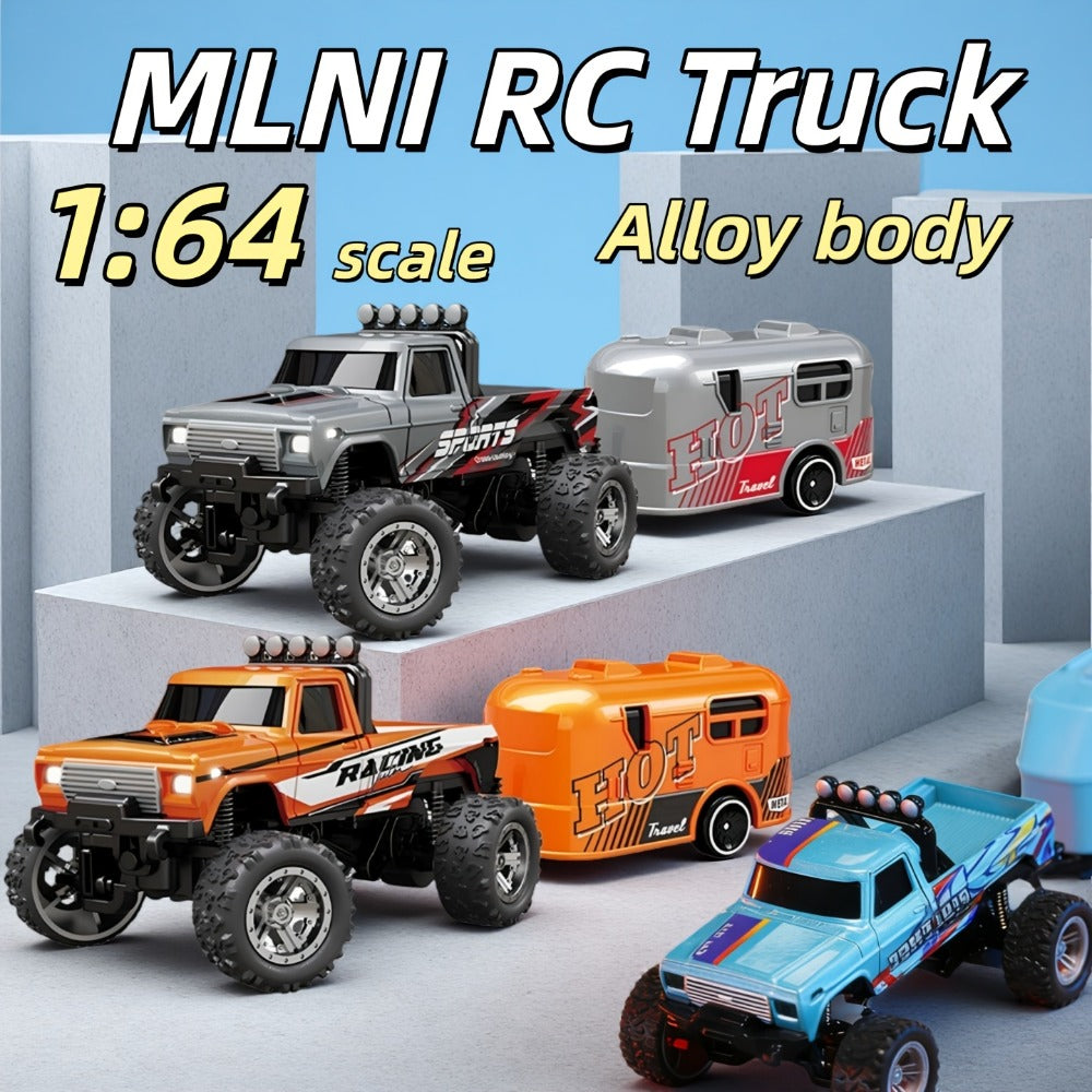 Mini RC Off-Road Truck with Trailer 1:64 Scale Die-Cast Remote Control Car – 2.4GHz Climbing Vehicle with Lights Rechargeable Adjustable Speed | Pocket-Sized RC Toy for Boys | Best Birthday Christmas Gift