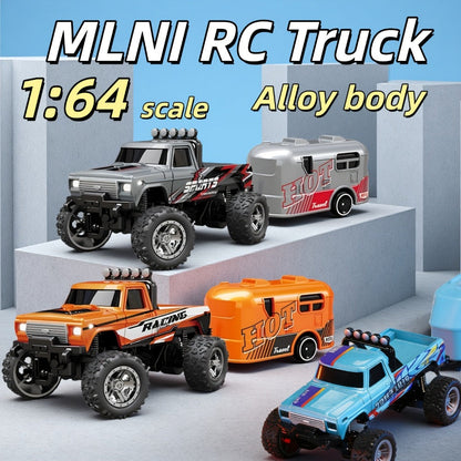 Mini RC Off-Road Truck with Trailer 1:64 Scale Die-Cast Remote Control Car – 2.4GHz Climbing Vehicle with Lights Rechargeable Adjustable Speed | Pocket-Sized RC Toy for Boys | Best Birthday Christmas Gift