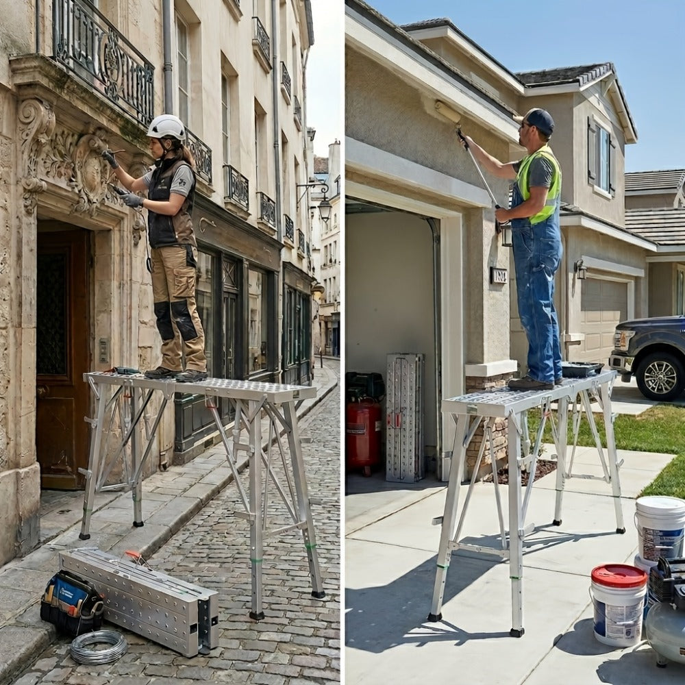 Heavy Duty Folding Work Platform Scaffold 1455 Lbs Capacity Portable Adjustable Height Ladder Stool – Multi-Function Step Stool for Painting Home Renovation Construction Indoor Outdoor Use