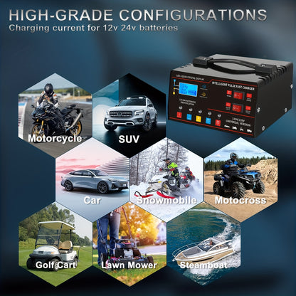 12V&24V Intelligent Universal Battery Charger With LCD Display, Smart Repair, Temperature Compensation, Overcharge And Short Circuit ProtectionSuitable For Intelligent Trickle Charging Of Cars, SUV, Trucks, Yachts, Motorcycles Battery Maintenance