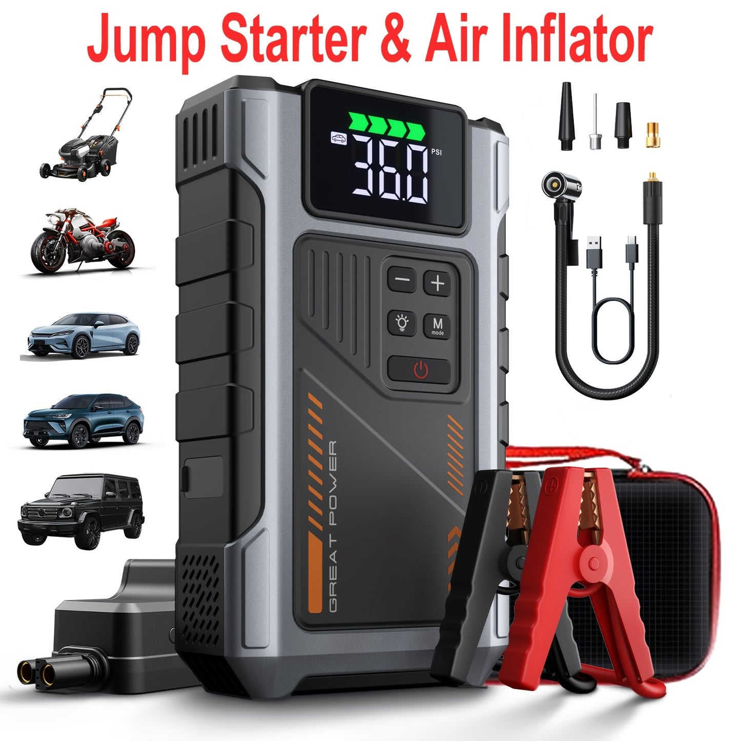 [Portable Jump Starter] 9-in-1 Portable Jump Starter with Air Compressor, Jump Starter for Car, Battery Jump Starter Portable, Car Battery Charger Portable For12V(8.0LGas/6.5L Diesel) Start The Car Quickly, USB Input/output, LED Emergency, Car Accessories