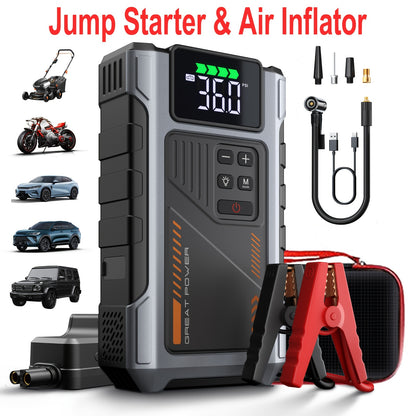 [Portable Jump Starter] 9-in-1 Portable Jump Starter with Air Compressor, Jump Starter for Car, Battery Jump Starter Portable, Car Battery Charger Portable For12V(8.0LGas/6.5L Diesel) Start The Car Quickly, USB Input/output, LED Emergency, Car Accessories