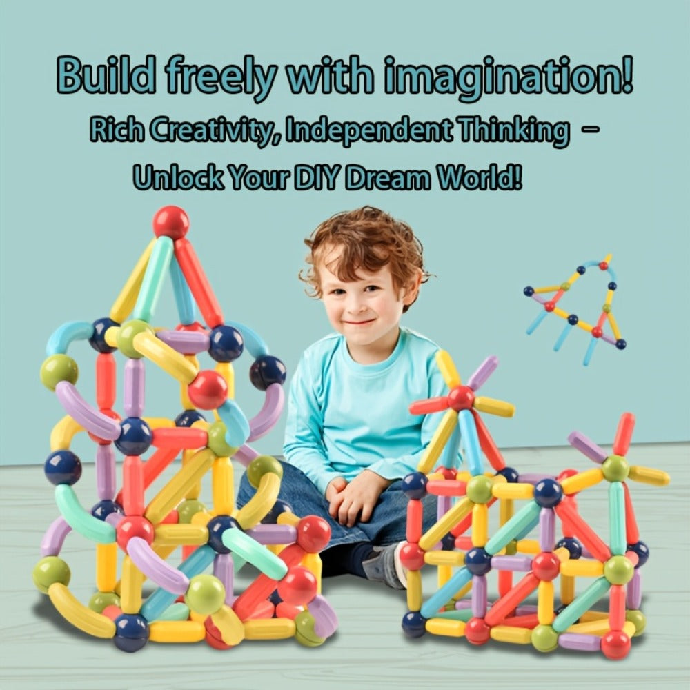 Magnetic Building Sticks Set 62 Pcs – 360° Rotating Oversized Magnetic Tiles Balls Educational 3D STEM Toy Kids Ages 3+ Build Castles Cars Shapes Birthday Christmas Gift