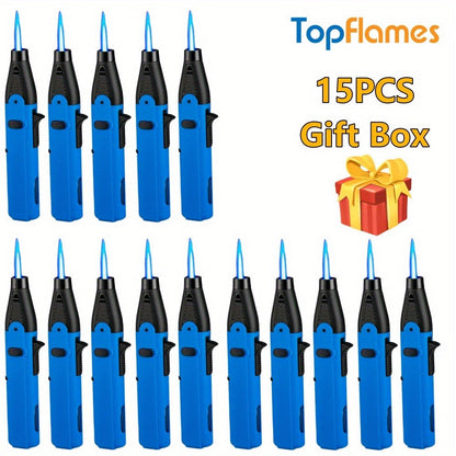 Torch Lighter Set Windproof Jet Flame with Safety Lock & Adjustable Flame - 10/15pcs Long Igniter for Candles, Grill, BBQ & Fireworks | Gift Box | 5 Colors