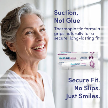 Denttach 7-Day Hold Denture Adhesive Thermoplastic Cushion Reliner Zinc-Free No-Glue Secure Grip for Upper Lower Dentures All-Day Comfort 2 Pack 0.71oz Each