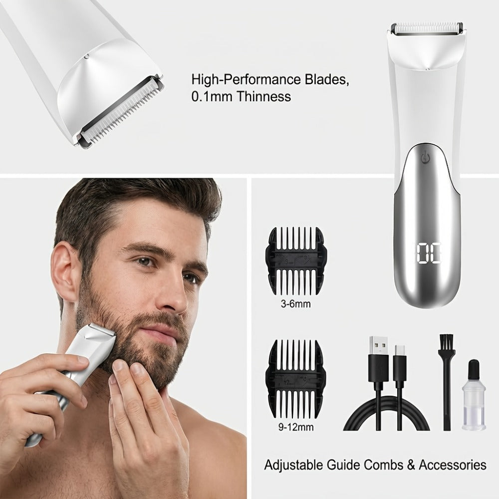 Ceramic Blade Groin Trimmer for Men USB Rechargeable Electric Body Hair Shaver Dry Wet Use 2 Protective Covers 500mAh Lithium Battery Pubic Chest Back Grooming Gift Valentine Father's Day
