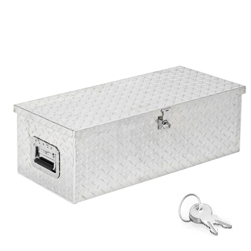 Aluminum truck toolbox with T-shaped handle lock and key, made of aluminum alloy, suitable for storage and organization of trailers, pickups, truck beds, four-wheel drive vehicles, all-terrain vehicles and campers. Black version.