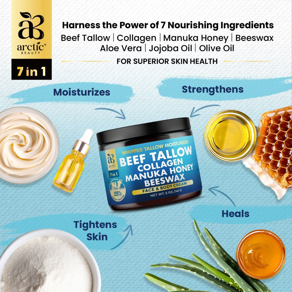 Whipped Beef Tallow Moisturizer - Organic Grass-Fed Face & Body Cream with Manuka Honey, Jojoba Oil, Collagen & Aloe Vera, All-in-One Natural Skincare for All Skin Types
