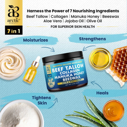 Whipped Beef Tallow Moisturizer - Organic Grass-Fed Face & Body Cream with Manuka Honey, Jojoba Oil, Collagen & Aloe Vera, All-in-One Natural Skincare for All Skin Types