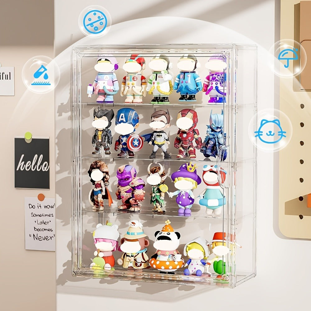 Acrylic Display Case Wall Mounted 4 Tiers – Clear Figure Display Cabinet with 3 Adjustable Dividers, Magnetic Door & Dust-Proof Design for Action Figures, Collectibles, Funko Pop, Toys & Models