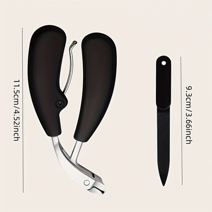 Heavy Duty Nail Clippers for Thick Toenails Seniors — Stainless Steel Concave Blade Large Opening Long Angled Handle, No-Splash Elderly Friendly Precision Toenail Trimmer with Nail File 2pcs