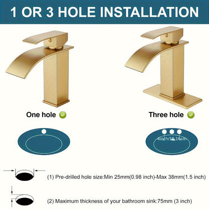 Waterfall Bathroom Sink Faucet, Single Hole or 3-Hole Mixer Tap with 6" Deck Plate, Ceramic Valve, Vanity Faucet for Farmhouse RV Bathroom, Brushed Gold Matte Black Nickel Chrome