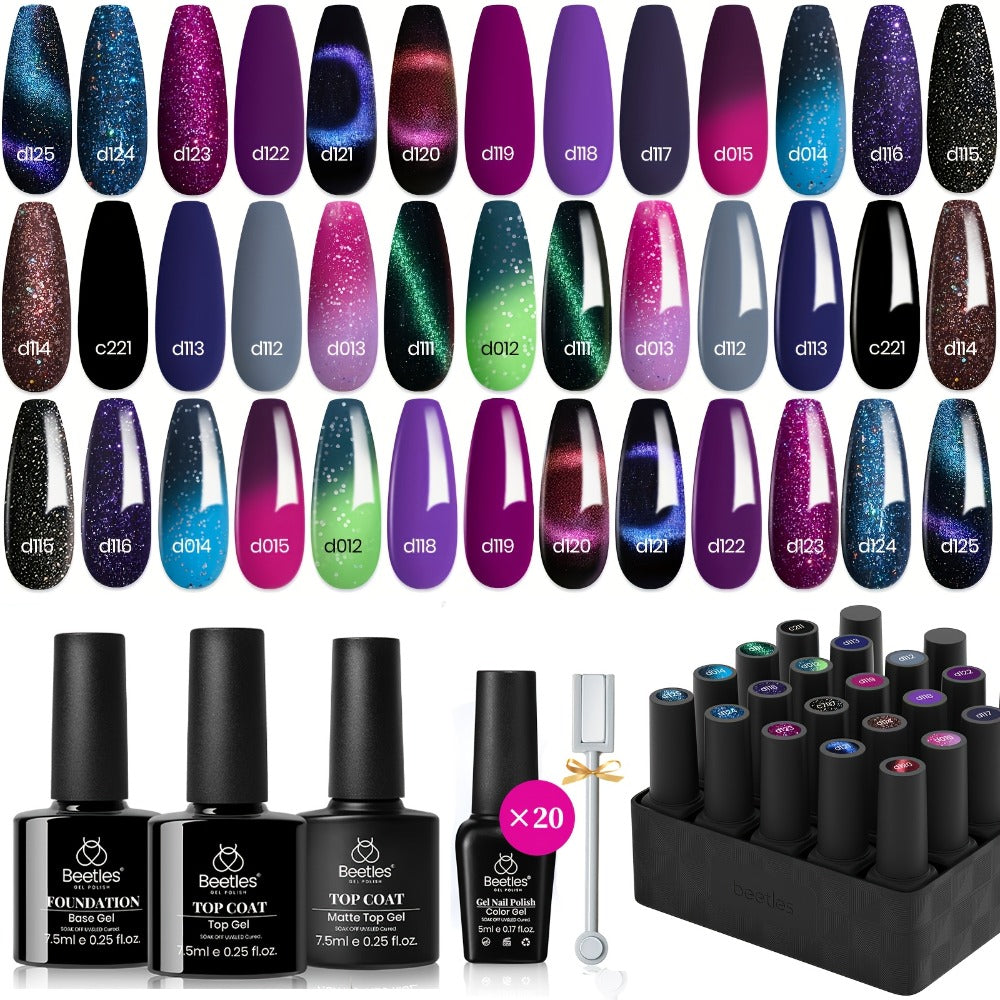 Cat Eye Gel Nail Polish Kit 24pcs — 20 Color Changing Glitter Shades with Base Coat Glossy & Matte Top Coat | Beetles Cosmic Mirage Soak Off LED Nail Art Complete Set | Holiday Birthday Gift for Women
