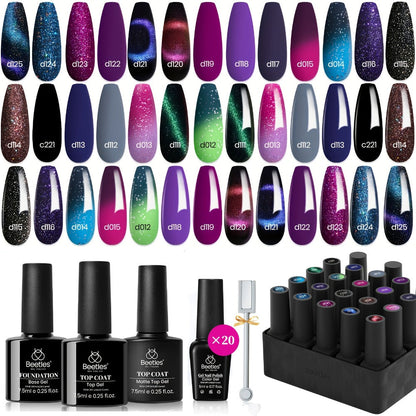 Cat Eye Gel Nail Polish Kit 24pcs — 20 Color Changing Glitter Shades with Base Coat Glossy & Matte Top Coat | Beetles Cosmic Mirage Soak Off LED Nail Art Complete Set | Holiday Birthday Gift for Women