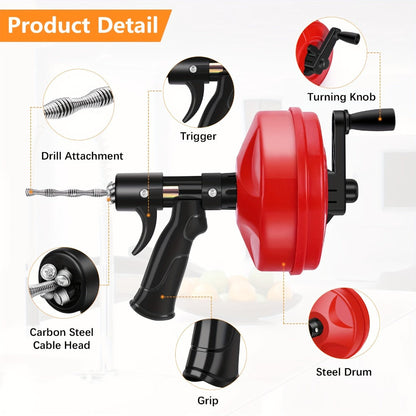 Drain Snake Auger 25ft with Drill Adapter - Heavy Duty Manual & Drill-Powered Plumbing Snake, 1/4" Spiral Head for 1-1/4" to 3" Pipes, Clog Remover for Shower Sink Toilet Bathtub, Gloves Included