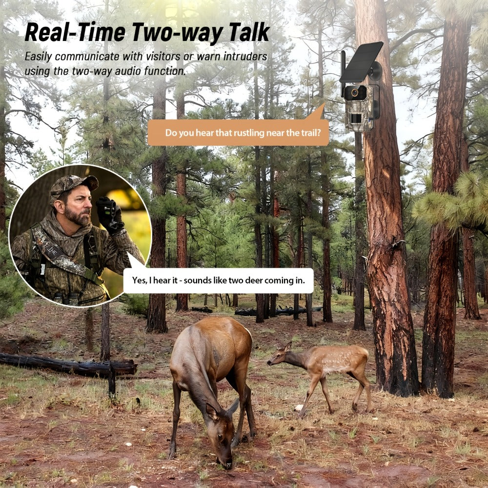 4G LTE Cellular Trail Camera with Solar Panel – 4K Wildlife Monitoring Camera, PIR Motion Sensor, Infrared Night Vision, Two-Way Voice, Remote Access, No WiFi Required, for Hunting & Security (Camo/Brown)