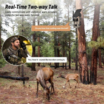 4G LTE Cellular Trail Camera with Solar Panel – 4K Wildlife Monitoring Camera, PIR Motion Sensor, Infrared Night Vision, Two-Way Voice, Remote Access, No WiFi Required, for Hunting & Security (Camo/Brown)