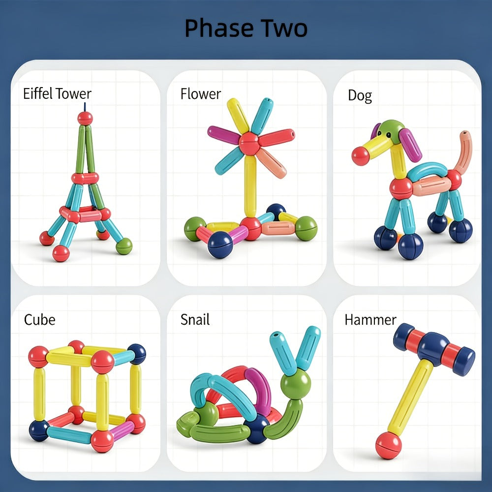 Magnetic Sticks Building Set 28 58 Pcs – 3D STEM Construction Toy for Kids Ages 3+ Build Towers Animals Shapes Creative Imagination Family Classroom Group Play Birthday Christmas Gift