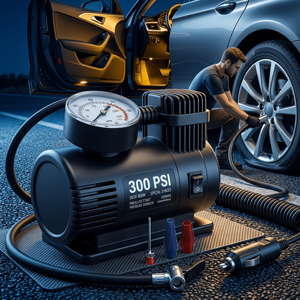 Compact 12V Air Compressor with Analog Pressure Gauge, 300 PSI Portable Tire Inflator for Car & Motorcycle